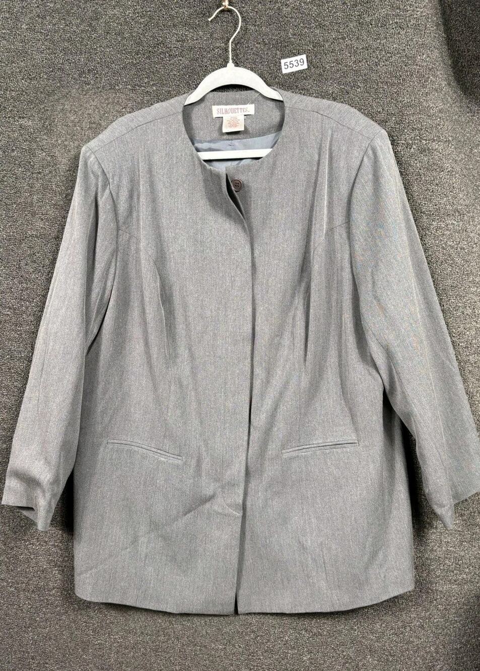 Silhouettes Jacket Womens 22W Gray Collarless Button Hidden Placket Blazer